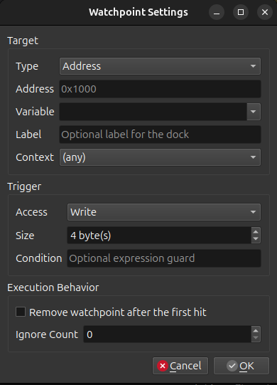 Watchpoint settings dialog